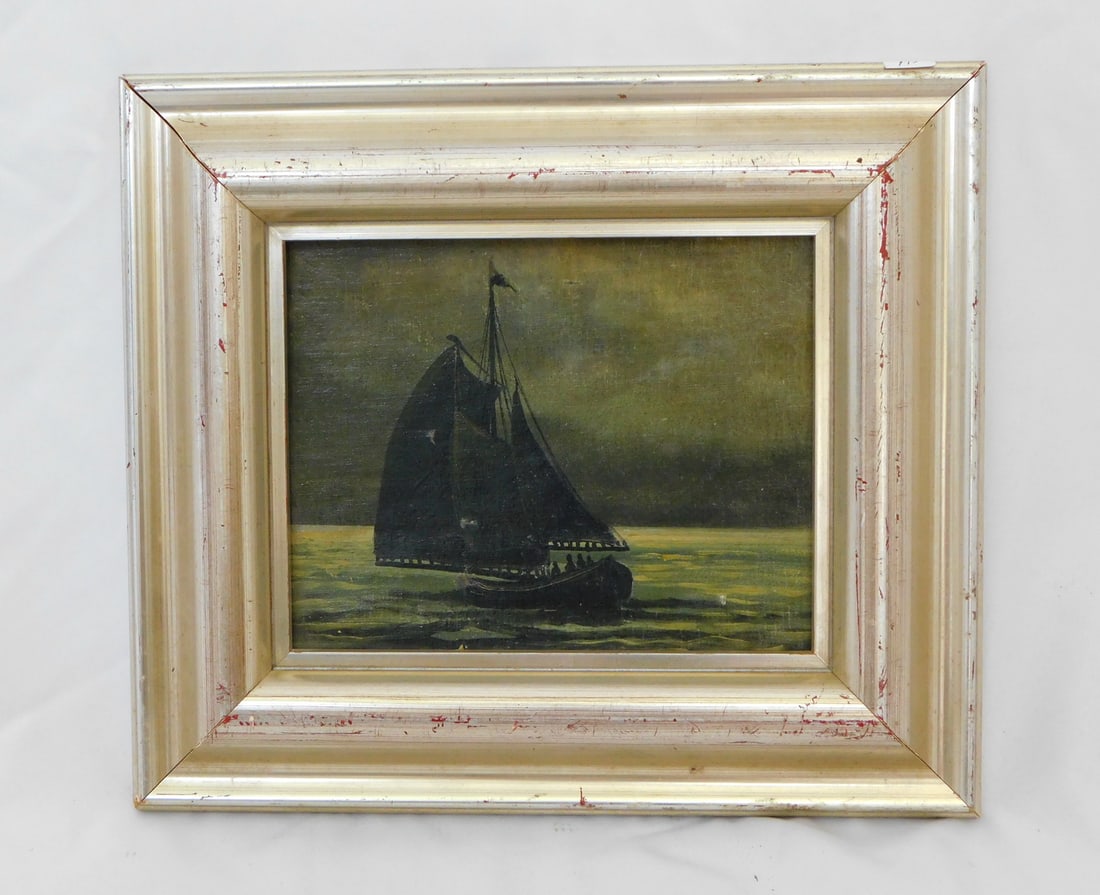 OIL ON BOARD "A SHIP AT NIGHT" 7X9 IMAGE 13.5X16 OVERALL (F 497) (T-26 MOST RECENTLY): OIL ON BOARD "A SHIP AT NIGHT" 7X9 IMAGE 13.5X16 OVERALL (F 497) (T-26 MOST RECENTLY)