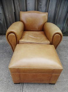 LEATHER CLUB CHAIR & OTTOMAN BY B FELIX CHAIR 28 1/2 X 38 X 37 1/2", OTTOMAN 17 X 24 X 18 (T296): LEATHER CLUB CHAIR & OTTOMAN BY B FELIX CHAIR 28 1/2 X 38 X 37 1/2", OTTOMAN 17 X 24 X 18 (T296)