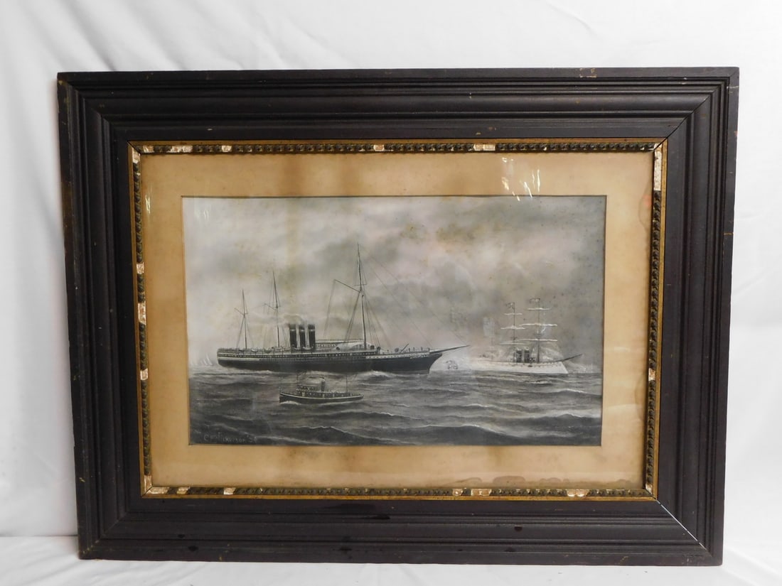 SIGNED CHARCOAL DRAWING OF STEAMSHIP C. FORREST NICKERSON 33" X 44" OVERALL (1 of 12)