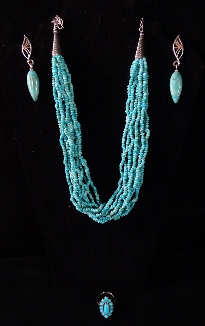 TURQUOISE AND SILVER NECKLACE, EARRINGS AND RING 127 GRAMS - (A-145) (1 of 7)