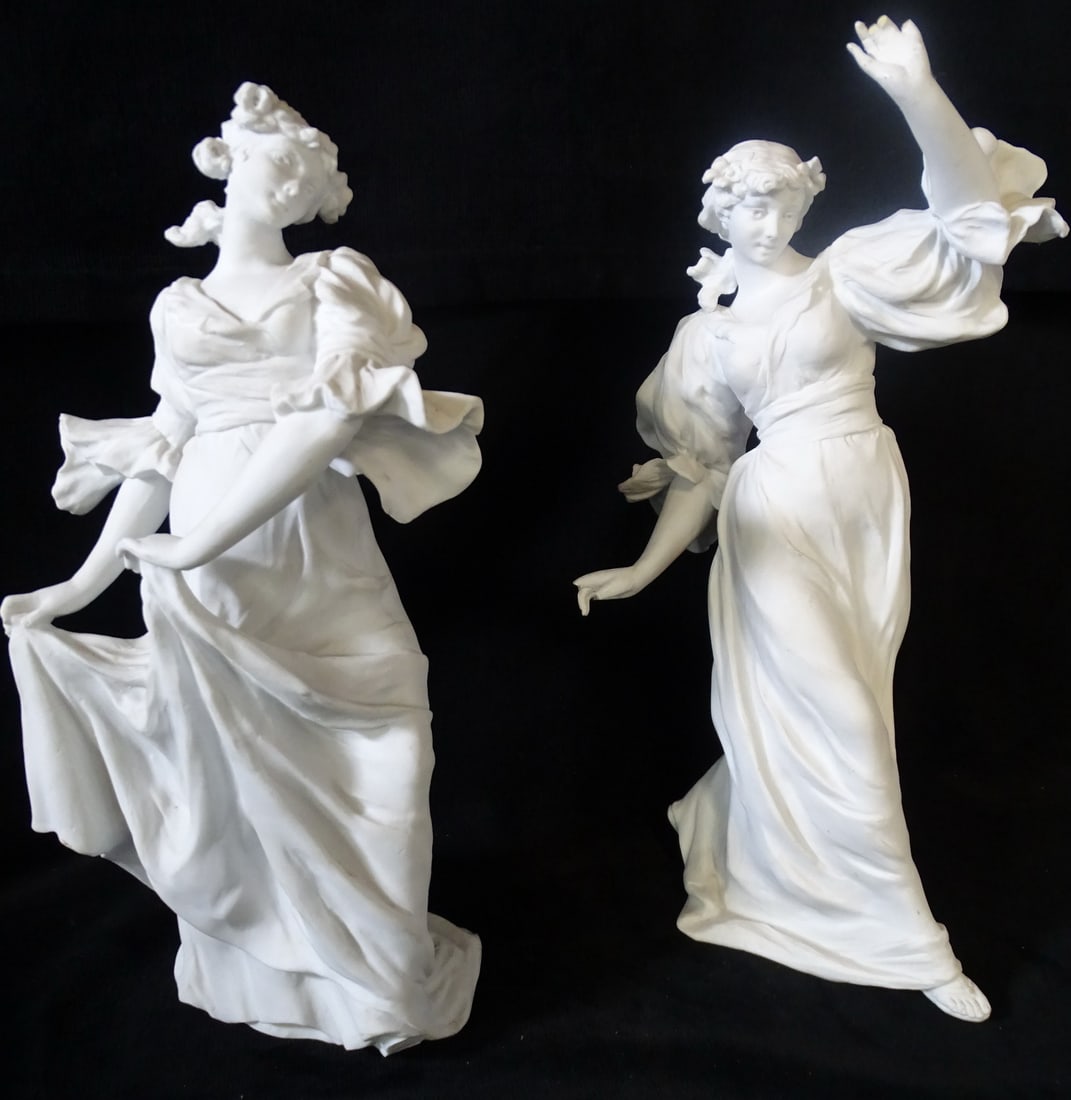 PAIR OF BISQUE FEMALE FIGURES E. QUINTER (?) 12" X 6" X 5" E-163 (1 of 13)