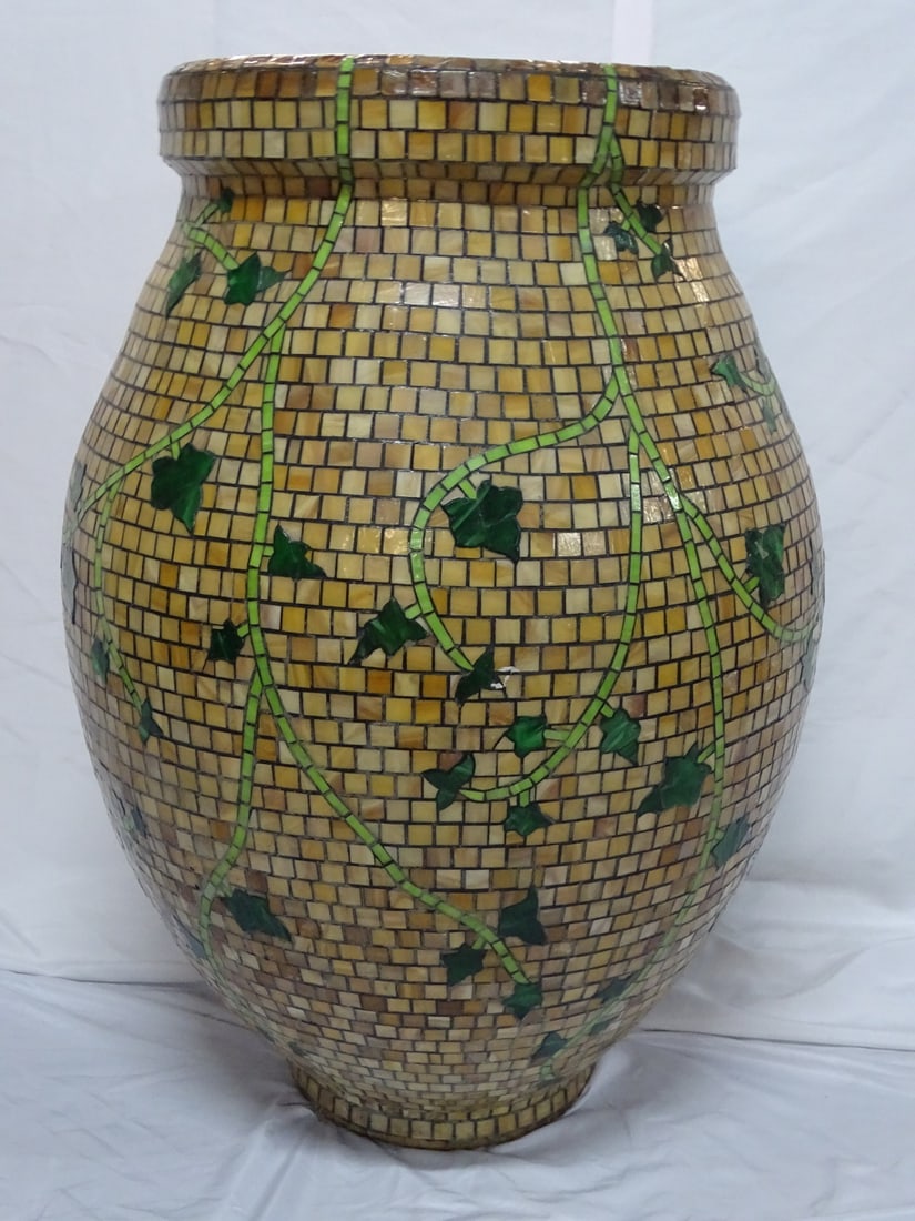 OVERSIZED URN WITH STAINED GLASS MOSAIC TILES WITH IVY MOTIF. 37H X 24 DIA.: OVERSIZED URN WITH STAINED GLASS MOSAIC TILES WITH IVY MOTIF. 37H X 24 DIA.