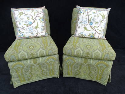 PAIR OF PAISLEY UPHOLSTERED SLIPPER CHAIRS 32 1/2" X 23" X 29": PAIR OF PAISLEY UPHOLSTERED SLIPPER CHAIRS 32 1/2" X 23" X 29"