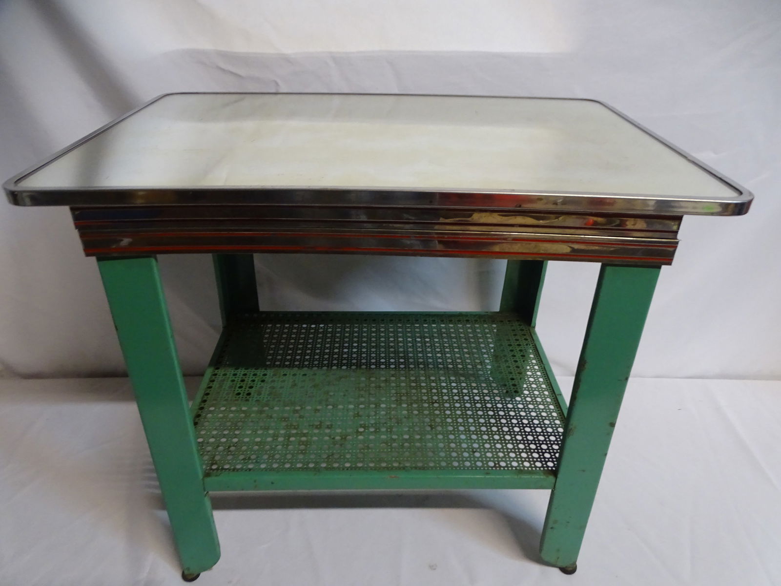 ESTATE OF SEYMOUR STEIN: GLASS TOP GREEN & CHROME METAL SIDE TABLE 21" X 24" X 16" (1 of 12)