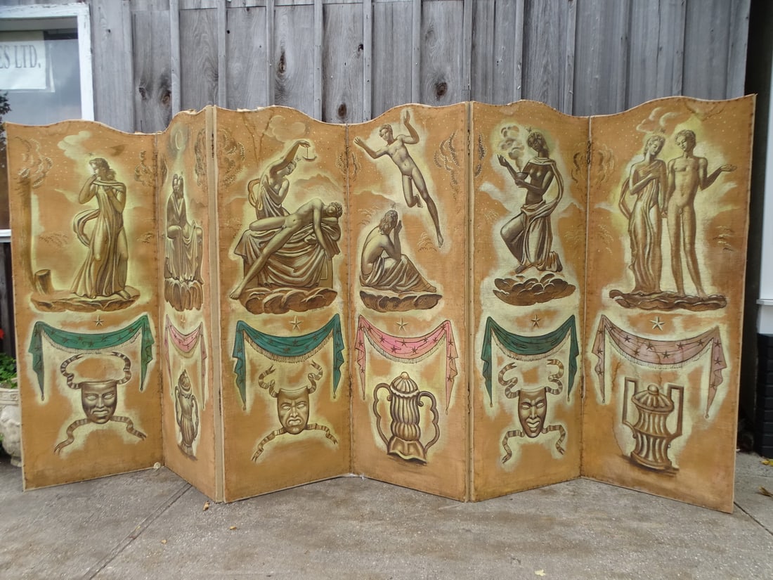 ESTATE OF SEYMOUR STEIN:6 PANEL PAINTED SCREEN DIVIDER WOOD/CANVAS 73" HIGH EACH PANEL IS 26" WIDE (1 of 16)