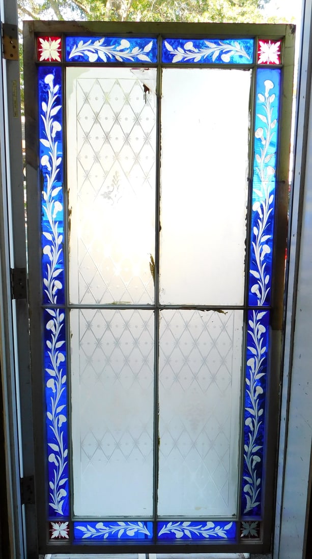 ESTATE OF SEYMOUR STEIN:LARGE STAINED GLASS WINDOW W/FROSTED PANES 73" X 34 1/2" (1 of 20)