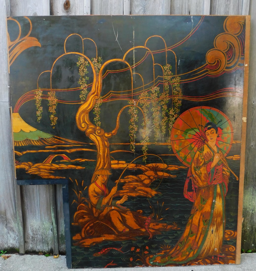 ESTATE OF SEYMOUR STEIN:LARGE PAINTED ASIAN PANEL W/ FIGURES, BLOSSOM & KOI FISH 77" HIGH X 70" WIDE (1 of 15)