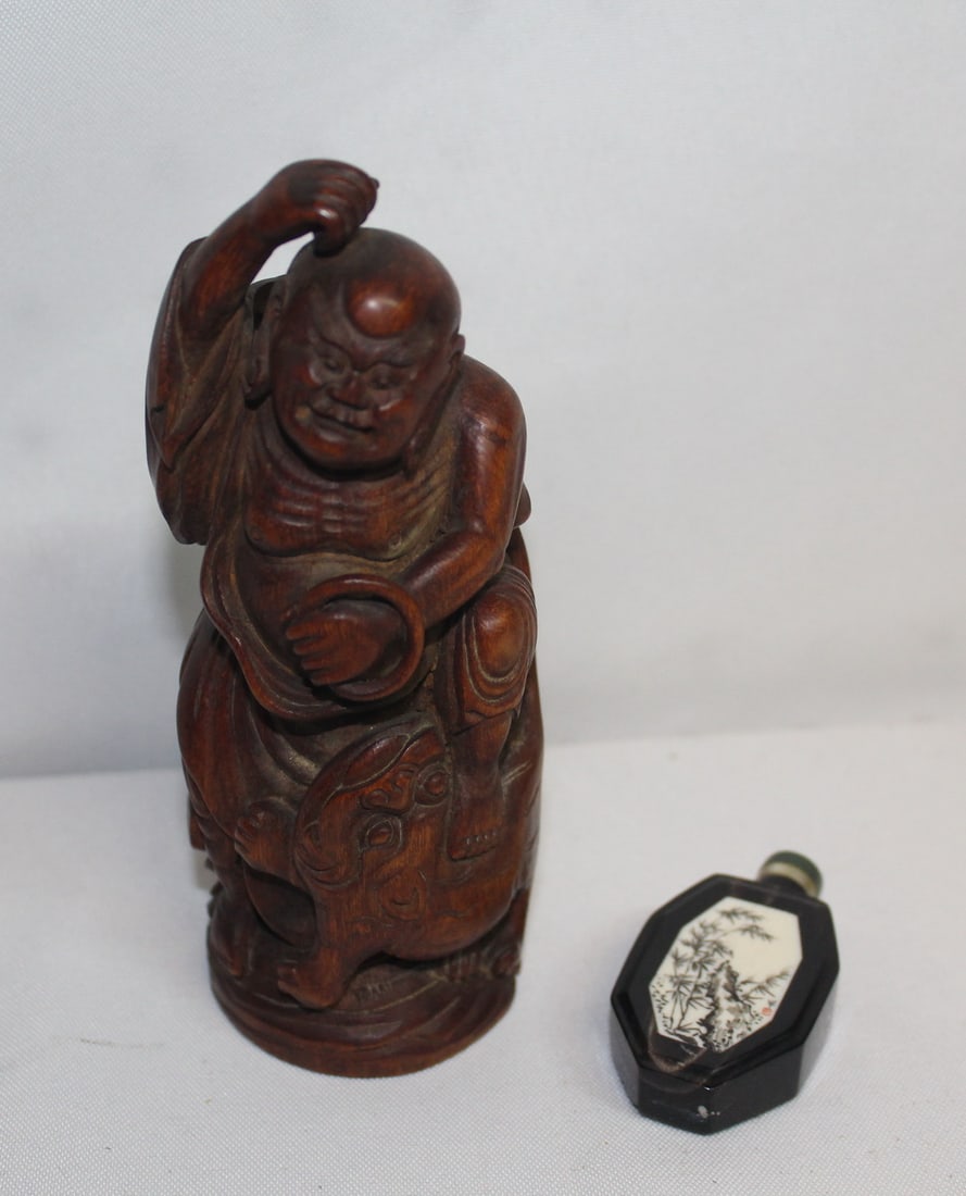 JAPANESE SEVEN LUCKY GODS "HOTEI" (?) FIGURE 5.75"H, ANTIQUE CHINESE HORN SNUFF BOTTLE (SMALL CHIP (1 of 13)