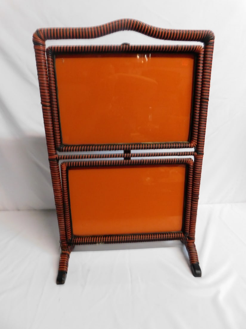 ESTATE OF SEYMOUR STEIN:2 TIER FOLDING RATTAN SIDE TABLE IN ORANGE & BLACK 32" X 12" (1 of 9)