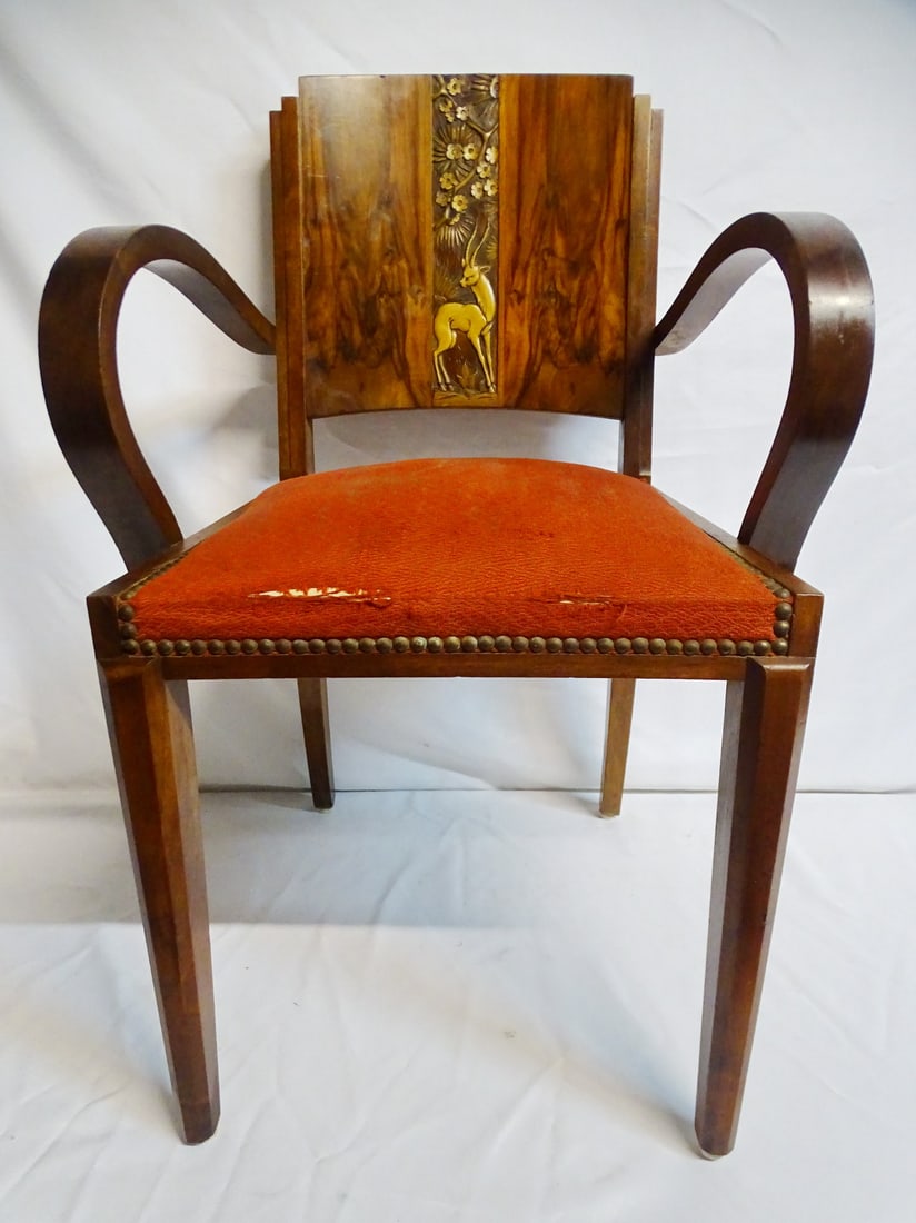 ESTATE OF SEYMOUR STEIN:ART NOUVEAU CARVED BACK OPEN ARM CHAIR 34" X 19" X 18 1/2" (1 of 12)