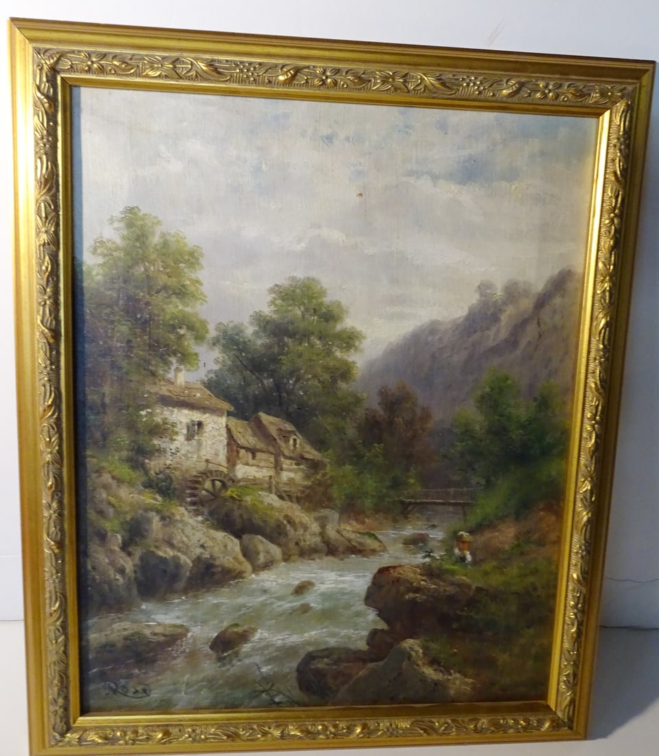ROSE SIGNED OIL ON CANVAS LANDSCAPE W STREAM AND HOUSE 15 X 11.75 (X224-2022) (1 of 6)