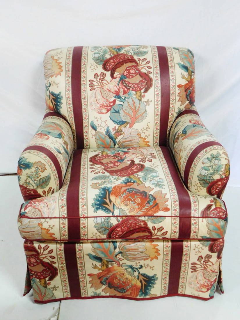 Chintz Jacobean Floral With Stripe Upholstered Arm Chair 34 X 30 X 37