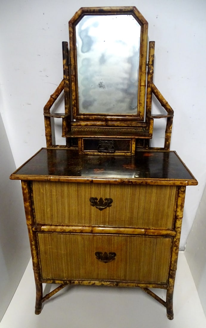 ENGLISH BAMBOO, LACQUER, AND GRASSCLOTH CHINOISERIE DRESSER 57.5 X 30 X 18: ENGLISH BAMBOO, LACQUER, AND GRASSCLOTH CHINOISERIE DRESSER 57.5 X 30 X 18