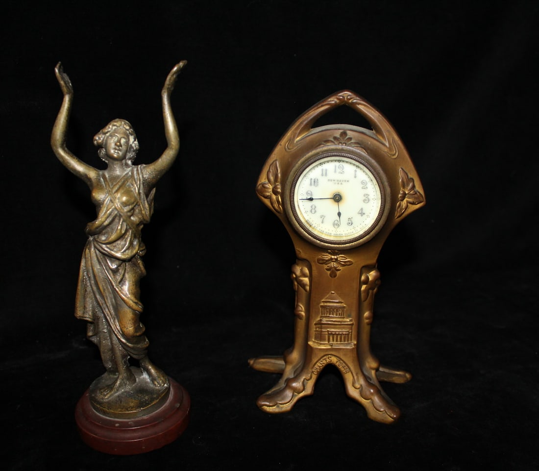 NEW HAVEN BRONZE CLOCK AND FEMALE BRONZE ON MARBLE BASE, 8.5" TALLEST: NEW HAVEN BRONZE CLOCK AND FEMALE BRONZE ON MARBLE BASE, 8.5" TALLEST
