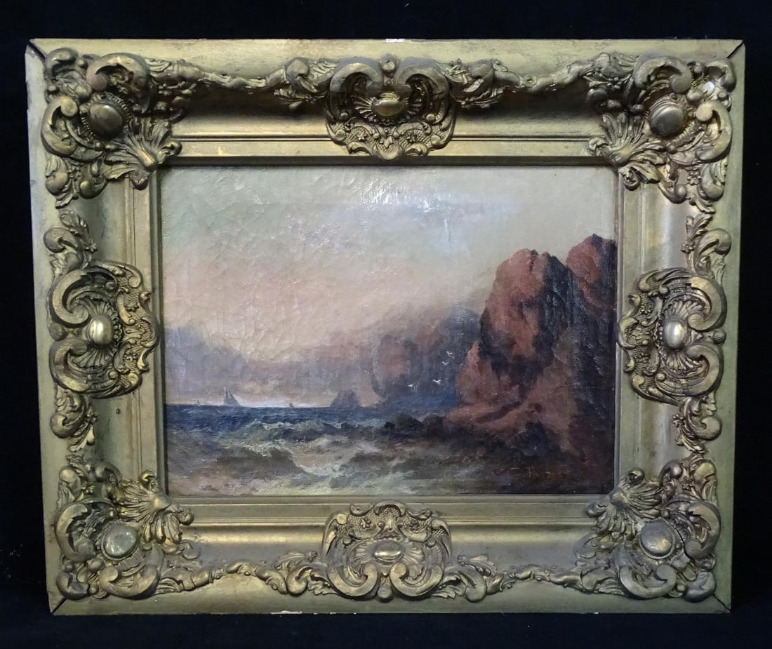 THOMAS SIGNED OIL ON CANVAS "LANDSCAPE WITH CLIFFS AND SEAGULLS" 9 X 12 IMAGE, 14 X 17 OVERALL (1 of 6)