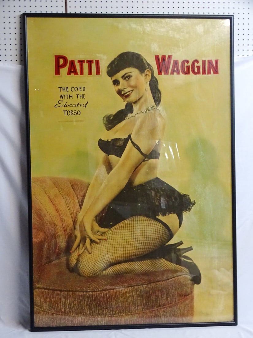 LARGE PINUP POSTER OF PATTI WAGGIN, BURLESQUE DANCER AND MOTOCYCLE MODEL, 61X41 OVERALL (1 of 12)