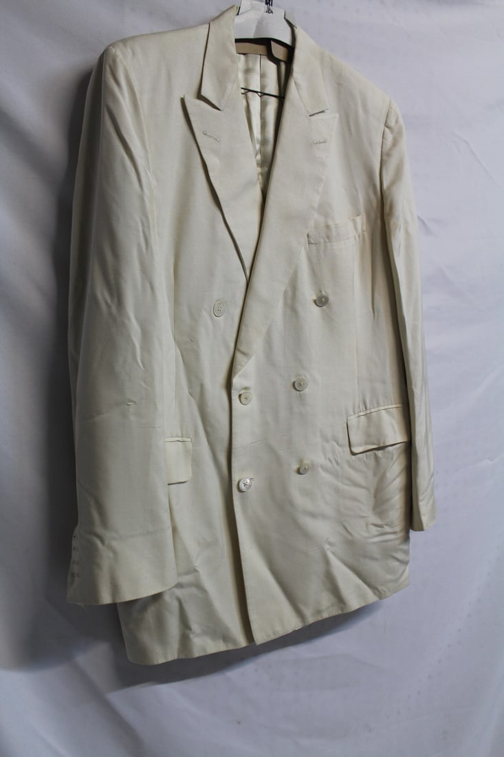 ESTATE OF FASHION EDITOR: CHUPP SILK LINEN BLEND IVORY SUIT, NO SIZE TAG, LIGHT STAIN ON ARM (1 of 8)