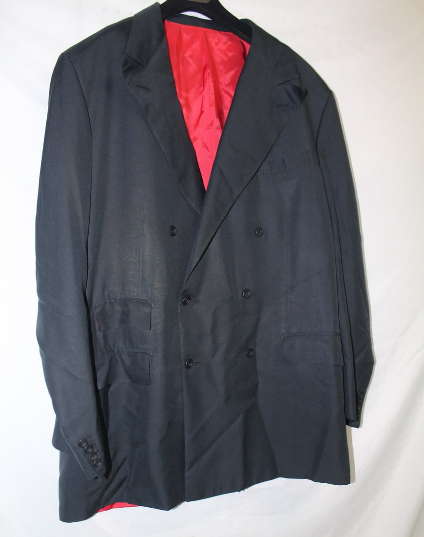 ESTATE OF FASHION EDITOR: H. HUNTSMAN AND SONS, SAVILE ROW, BESPOKE BLACK COTTON DOUBLE BREASTED: ESTATE OF FASHION EDITOR: H. HUNTSMAN AND SONS, SAVILE ROW, BESPOKE BLACK COTTON DOUBLE BREASTED BLAZER (NO SZ)