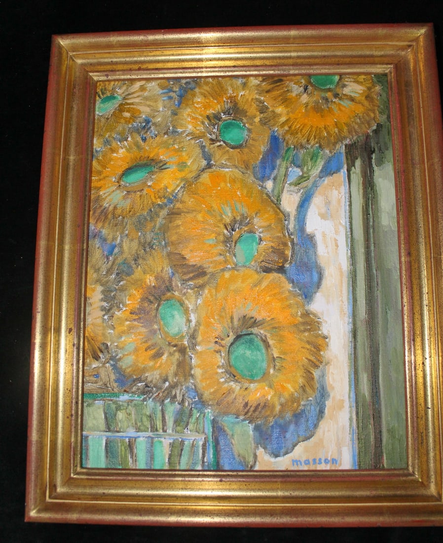 ESTATE OF FASHION EDITOR: CHARLES MASSON OIL ON CANVAS, "SUNFLOWERS" 13.5 X 10.5 IMAGE, 16.5 X 13.5 (1 of 11)