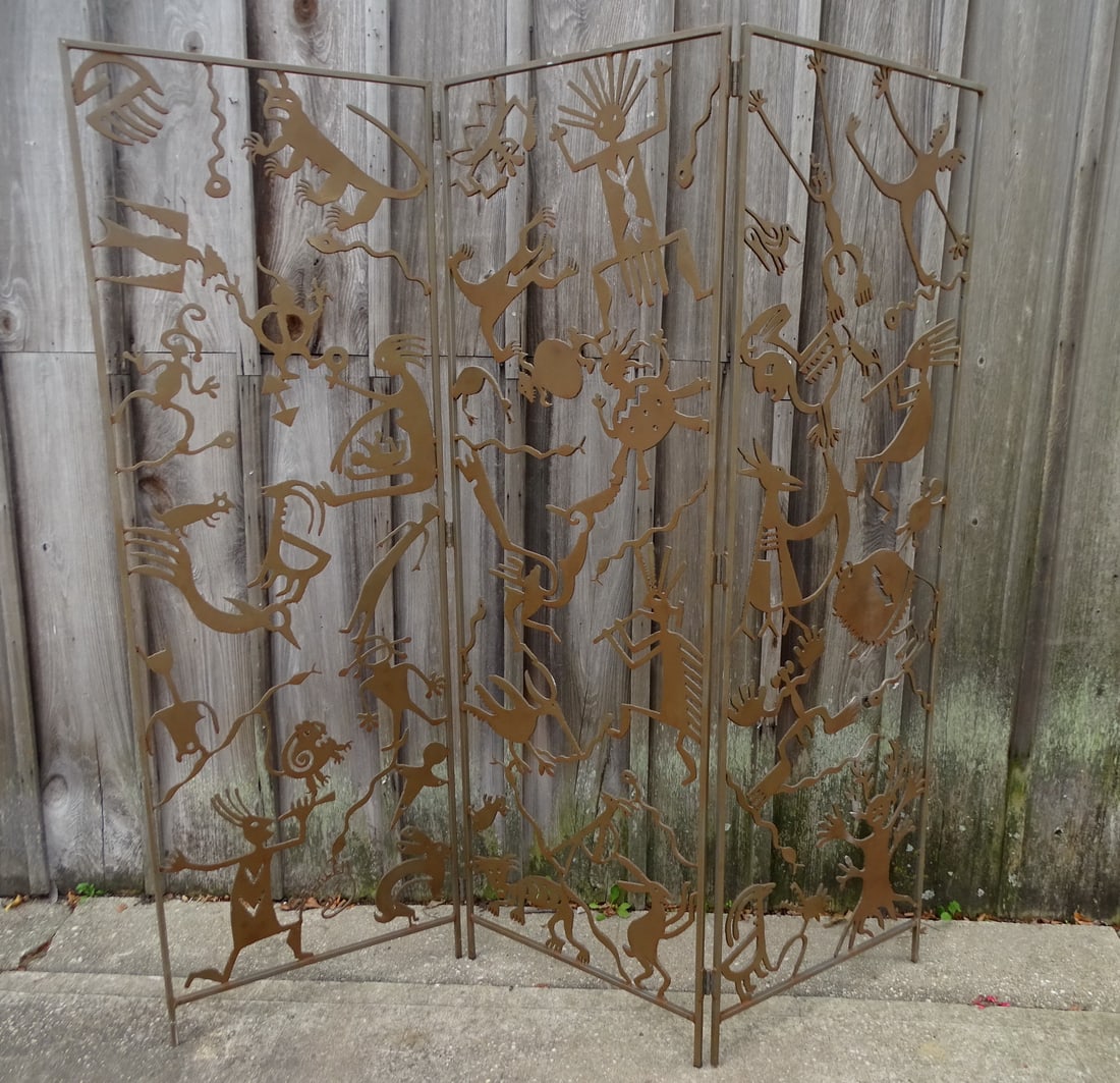 "SECKLER" SIGNED 3 PANEL STEEL FOLDING SCREEN WITH SOUTH WESTERN NATIVE AMERICAN MOTIF 72 X 72 1/2 (1 of 12)