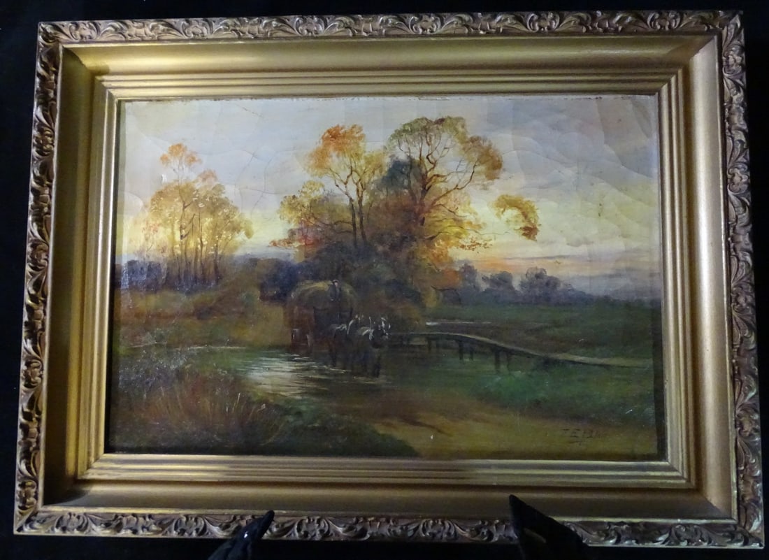 OIL ON CANVAS, F. E. BLAIR, HAYWAGON AUTUMNAL SCENE, 15.5 X 12.5 IMAGE, 16 X 22 OVERALL (V 67) (1 of 8)