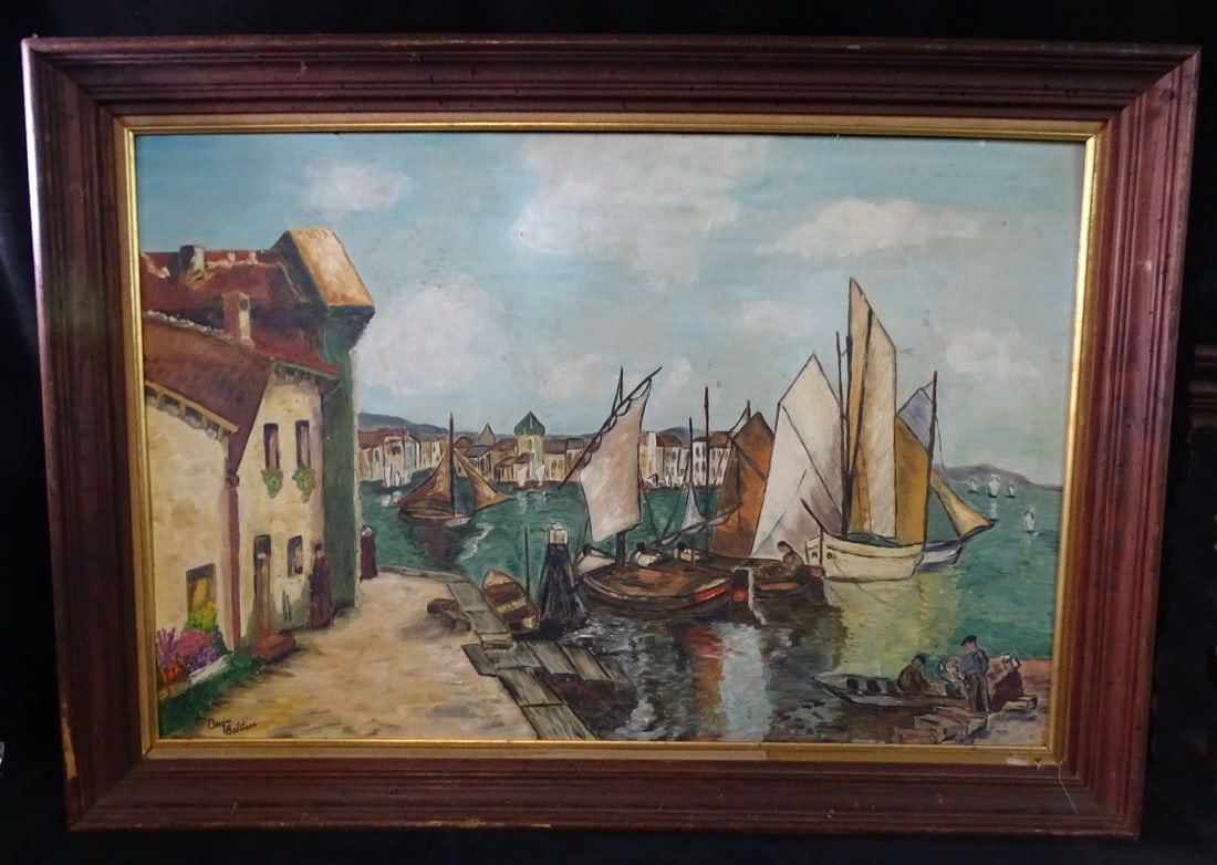 ANGIE BALITSOS "HARBOR SCENE" OIL ON CANVAS 25 1/2" X 26 1/2" IMAGE, 29 1/2" X 42" OVERALL (V 68): ANGIE BALITSOS "HARBOR SCENE" OIL ON CANVAS 25 1/2" X 26 1/2" IMAGE, 29 1/2" X 42" OVERALL (V 68)