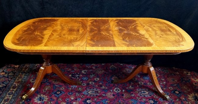 REGENCY STYLE INLAID DOUBLE PEDESTAL TABLE W/ 1 11" LEAF  AND 6  (29X68X44) (Z-209, APRIL 2022) (V (1 of 5)