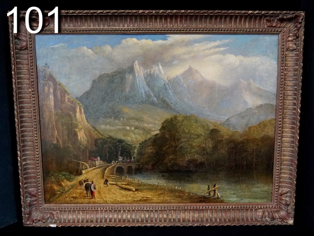 CALLCOT SIGNED OIL ON CANVAS, "LANDSCAPE WITH MOUNTAINS AND BRIDGE" 21 X 29 (F101): CALLCOT SIGNED OIL ON CANVAS, "LANDSCAPE WITH MOUNTAINS AND BRIDGE" 21 X 29 (F101)