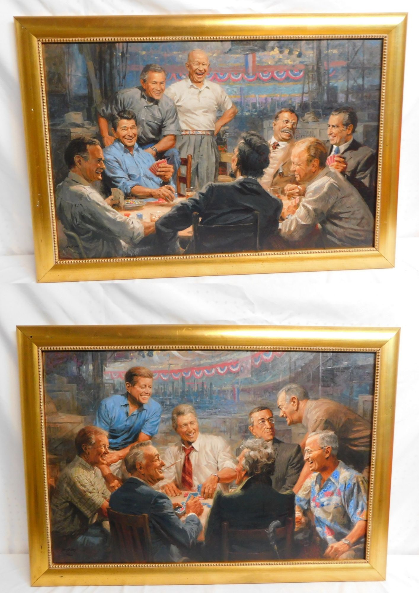 PAIR OF PRINTS ON CANVAS, PRESIDENTS PLAYING POKER, SIGNED AND NUMBERED BY ANDY THOMAS, 132/2008, (1 of 16)
