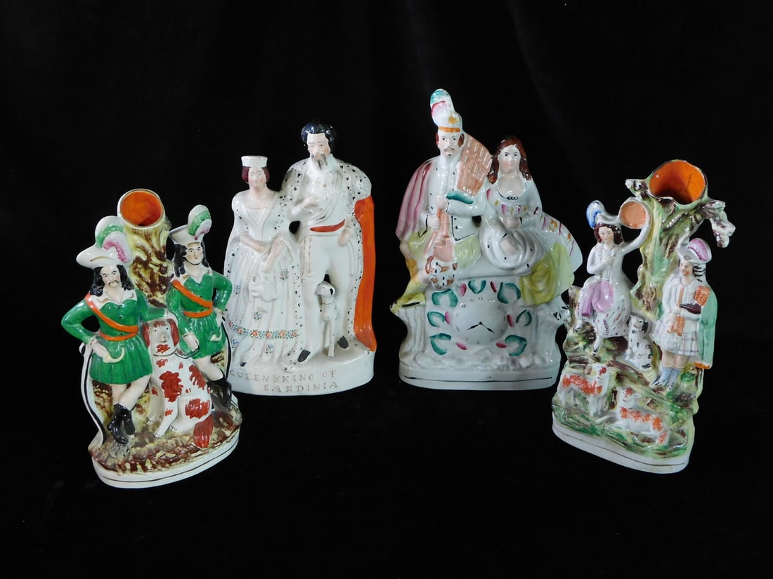 GROUP OF FOUR STAFFORDSHIRE FIGURES INC.. KING AND QUEEN OF SARDINIA, SOME LOSSES, 15 X 9 X 3: GROUP OF FOUR STAFFORDSHIRE FIGURES INC.. KING AND QUEEN OF SARDINIA, SOME LOSSES, 15 X 9 X 3 LARGEST