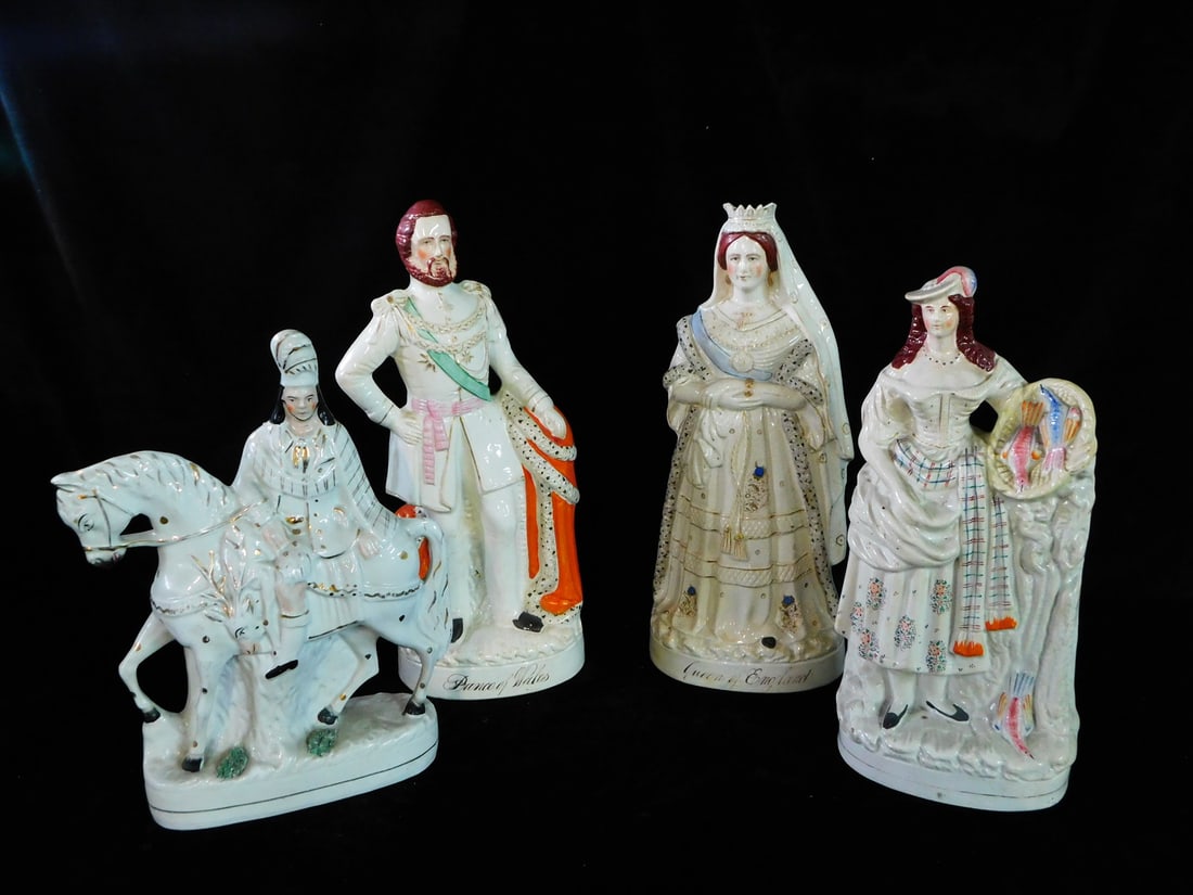 GROUP OF FOUR STAFFORDSHIRE FIGURES INC.. QUEEN OF ENGLAND AND PRINCE OF WALES 17 X 7 X 6 LARGEST: GROUP OF FOUR STAFFORDSHIRE FIGURES INC.. QUEEN OF ENGLAND AND PRINCE OF WALES 17 X 7 X 6 LARGEST