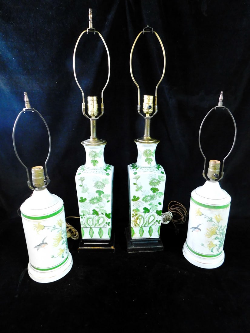 TWO PAIR OF GREEN AND IVORY FLORAL PORCELAIN LAMPS, 31"H TALLEST: TWO PAIR OF GREEN AND IVORY FLORAL PORCELAIN LAMPS, 31"H TALLEST