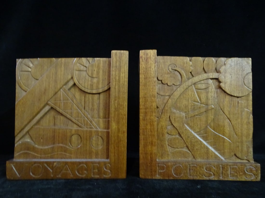 PAIR SIGNED ART DECO BOOKENDS "VOYAGES, POESIES, ROMANS, SCIENCES" 6 X 5 1/2 X 3 3/4 (1 of 13)