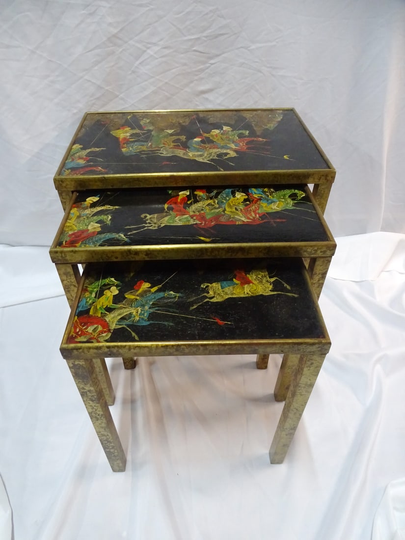 ESTATE OF SEYMOUR STEIN:3 NEST TABLES W/ASIAN PAINTED SCENES ON TOP, BRASS LEGS, LARGEST 21" X 13" X (1 of 15)