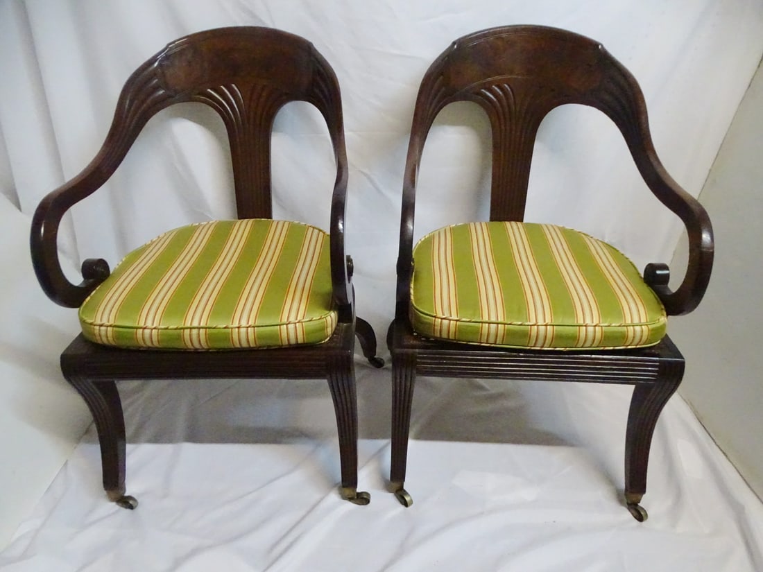 PAIR OF REGENCY STYLE SPOON BACK, CANED SEAT OPEN ARM CHAIRS 37X25X24 (1 of 19)