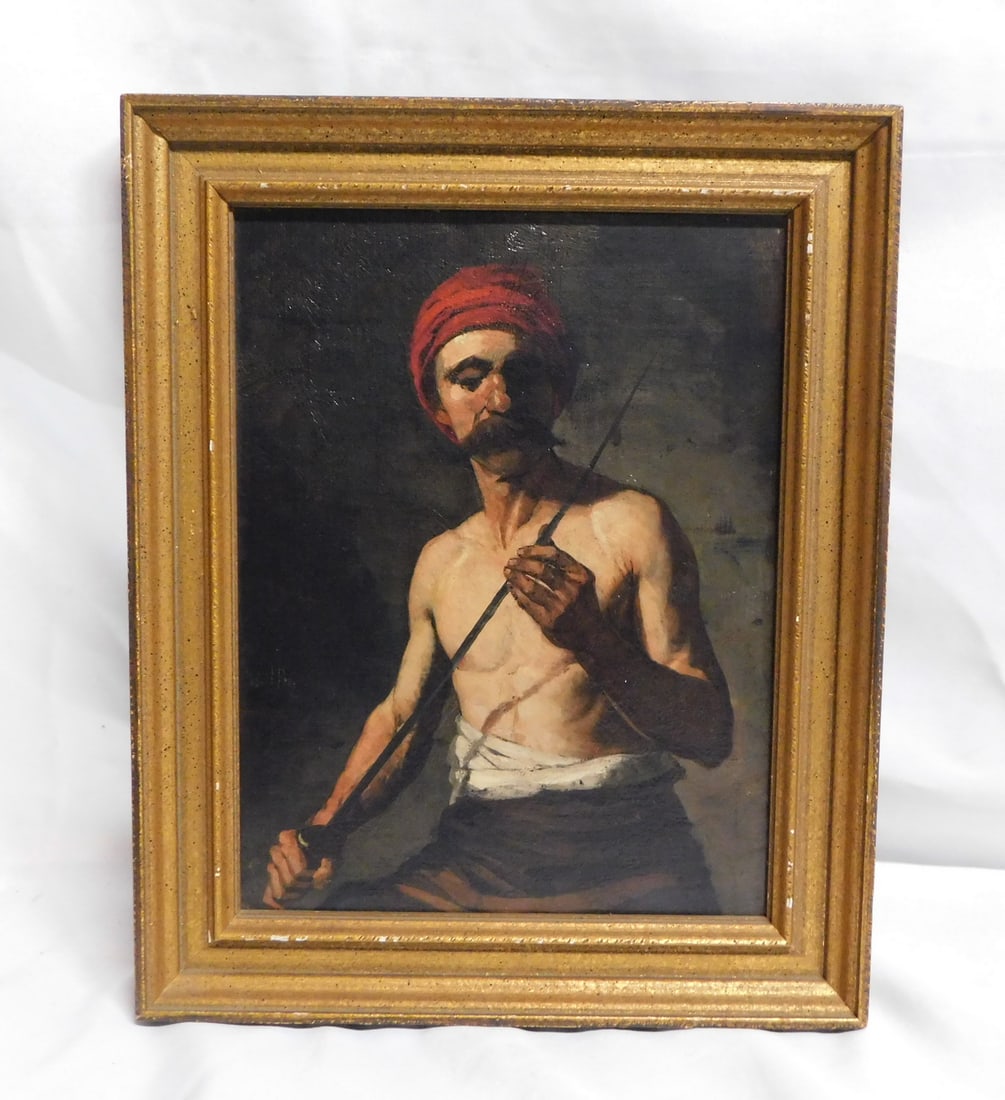 19TH CENTURY OIL ON CANVAS, MAN WITH HIS SWORD, SIGNED H. FRY? 13X10 IMAGE 16.5X13.5 OVERALL: 19TH CENTURY OIL ON CANVAS, MAN WITH HIS SWORD, SIGNED H. FRY? 13X10 IMAGE 16.5X13.5 OVERALL