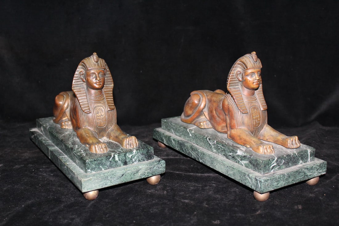 PAIR OF BRONZE SPHINXES ON MARBLE PLINTHS, 8.5H X 12 X 5.25 (1 of 8)