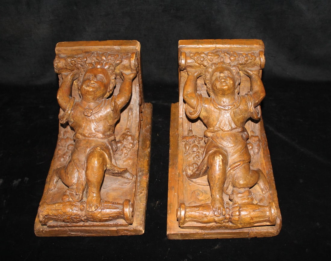 PAIR OF ITALIAN CHERUB/PUTTI WOOD SHELVES, C 1900, 12.5 X 8 X 8 (1 of 12)