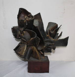 UNSIGNED BRUTALIST BRONZE SCULPTURE ON WOOD BASE, POSS. ABBOTT PATTISON, 18H X 13 X 18: UNSIGNED BRUTALIST BRONZE SCULPTURE ON WOOD BASE, POSS. ABBOTT PATTISON, 18H X 13 X 18