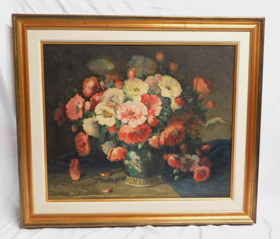 LARGE FLORAL STILL LIFE, OIL ON BOARD 25X30 IMAGE, 35X39 OVERALL (1 of 8)