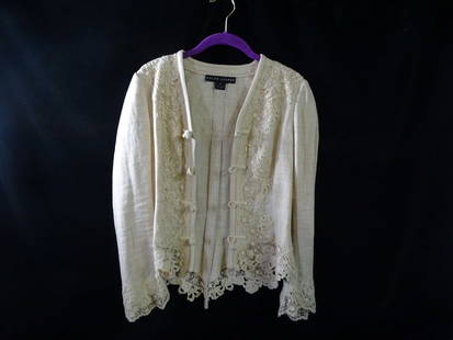 RALPH LAUREN SIZE 6, SILK LINEN BLEND CARDIGAN WITH CROCHETED APPLIQUES: RALPH LAUREN SIZE 6, SILK LINEN BLEND CARDIGAN WITH CROCHETED APPLIQUES