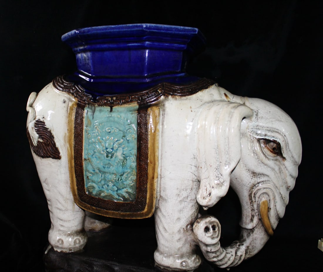 LARGE CERAMIC ELEPHANT GARDEN SEAT, CRAZING THROUGHOUT, 21.5 X 12 X 23 (1 of 13)