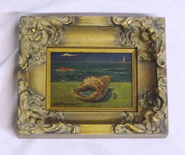 OIL ON MASONITE, SEASHELL ON BEACH, SIGNED AND ATTRIB. TO GERTRUDE ABERCROMBIE 5X7 IMAGE, 9.5X11.5: OIL ON MASONITE, SEASHELL ON BEACH, SIGND AND ATTRIBUTED TO GERTRUDE ABERCROMBIE 5X7 IMAGE, 9.5X11.5