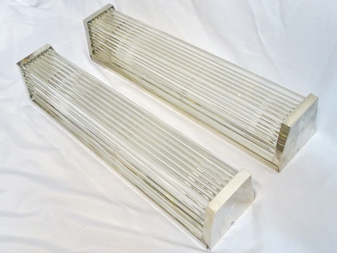 PAIR OF INDIVIDUAL GLASS RODS AND NICKEL SCONCES 24.25 X 5 X 4.75 (W 009/): PAIR OF INDIVIDUAL GLASS RODS AND NICKEL SCONCES 24.25 X 5 X 4.75 (W 009/)