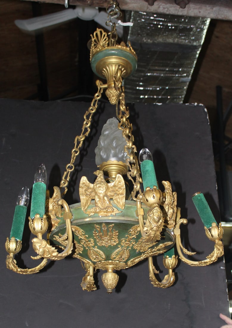 BRONZE AND BRASS EAGLE FIGURAL CHANDELIER WITH GREEN TOLE AND GLASS FLAME SHADE, 18 X 22 DIA. (1 of 4)