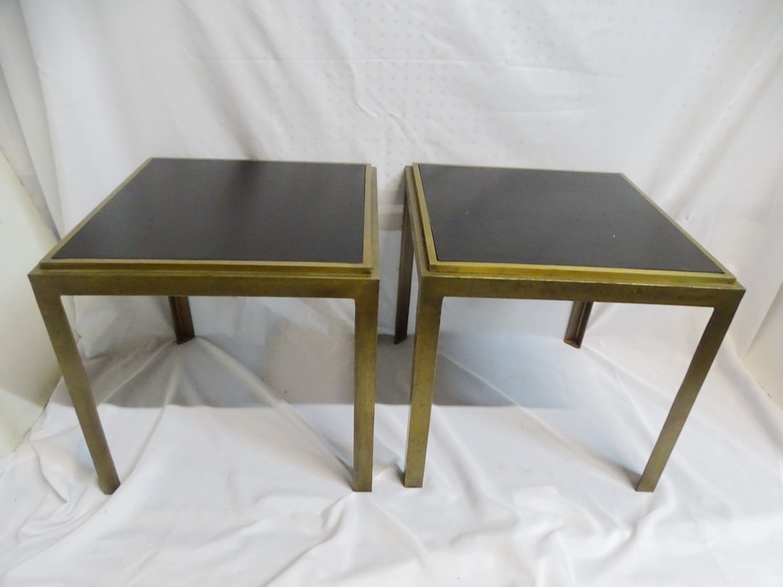 PAIR OF BRASS AND FAUX SLATE END TABLES 18.5 X 19 X 19: PAIR OF BRASS AND FAUX SLATE END TABLES 18.5 X 19 X 19