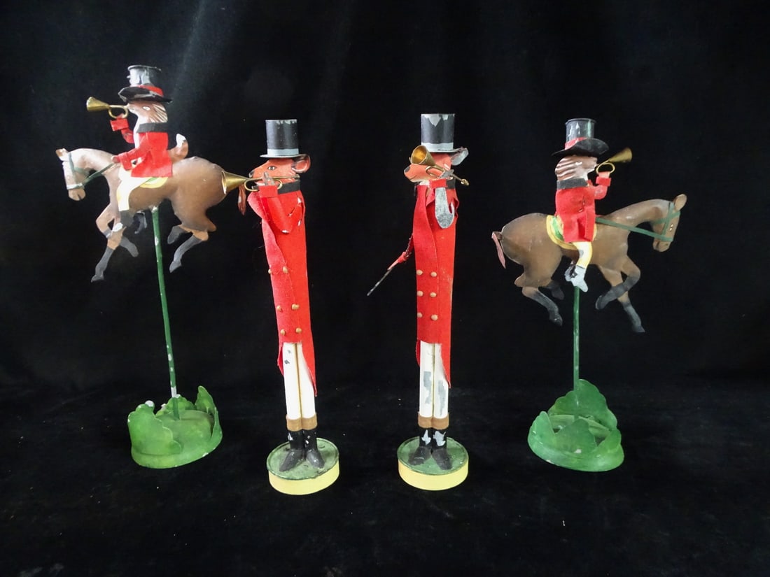 GROUP OF FOUR WHIMSICAL FOX HUNT MOTIF CANDLESTICKS 14.5" TALLEST (1 of 15)