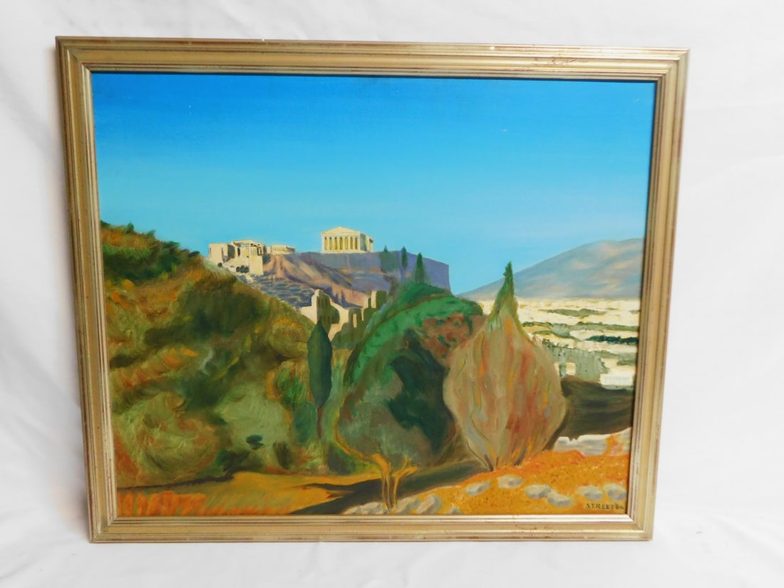 PAINTING OF GREECE TEMPLE SIGNED STREET 66' 23.5X26 OVERALL (W-66): PAINTING OF GREECE TEMPLE SIGNED STREET 66' 23.5X26 OVERALL (W-66)