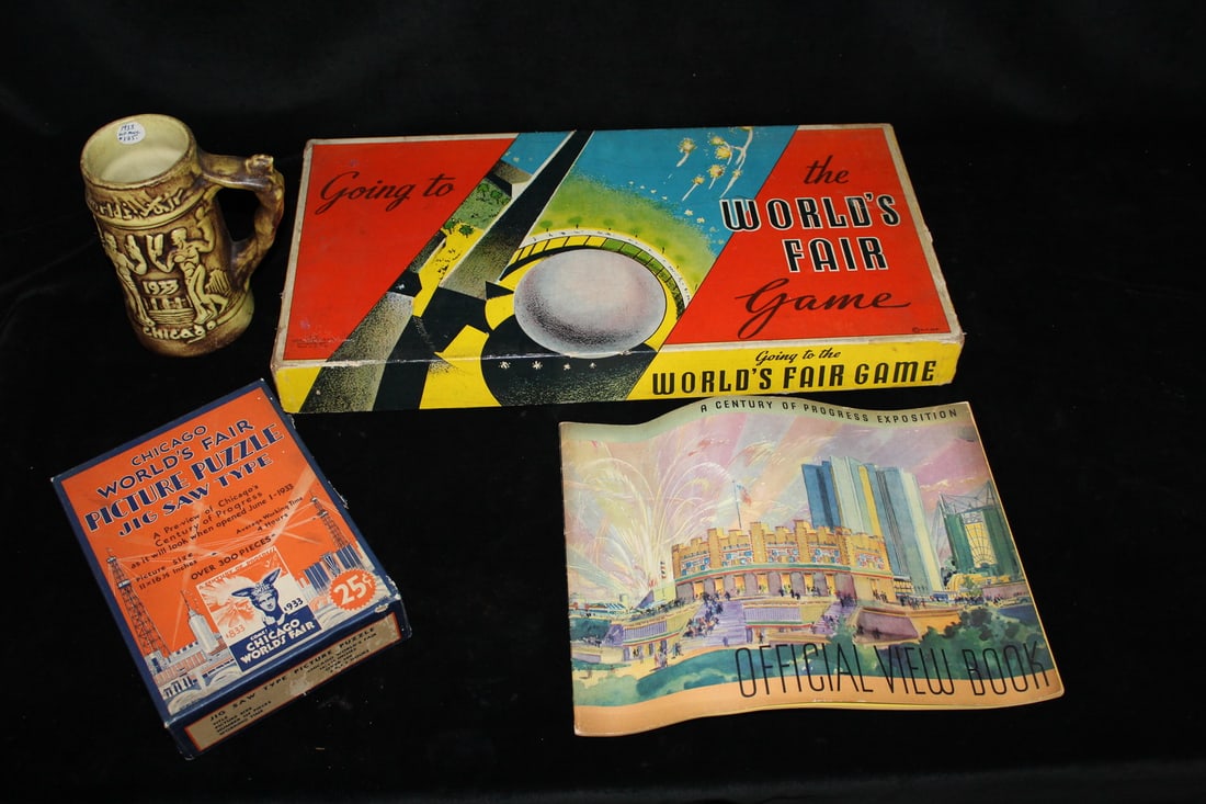 ESTATE OF SEYMOUR STEIN: WORLDS FAIR COLLECTION (3) 1933 BROCHURE, MUG & PUZZLE AND A 1939 BOARD (1 of 14)