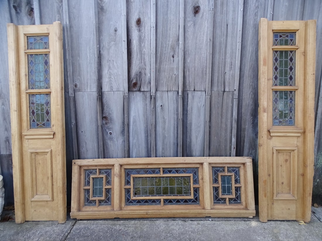 ESTATE OF SEYMOUR STEIN: 3 PINE WITH LEADED GLASS DOORS & WINDOWS 80" x 20 1/2" x 4 1/4" (1 of 20)